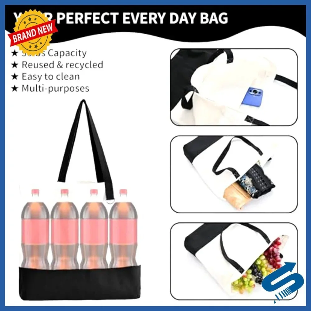 Canvas Tote Bags Zippered Reusable Grocery Shopping Travel Large